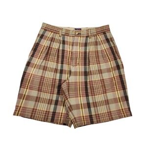 Tommy Hilfiger Plaid Pleated Shorts 32 Brown Yellow Cotton Khaki Vintage Preppy